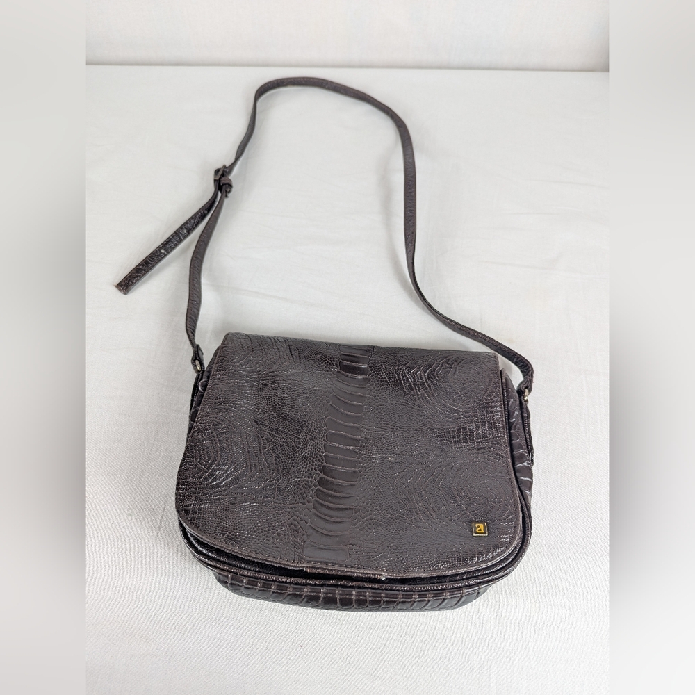 Nas Bag Purse Shoulder Bag Crossbody Brown Alligator Snakeskin Pattern Vtg 80s